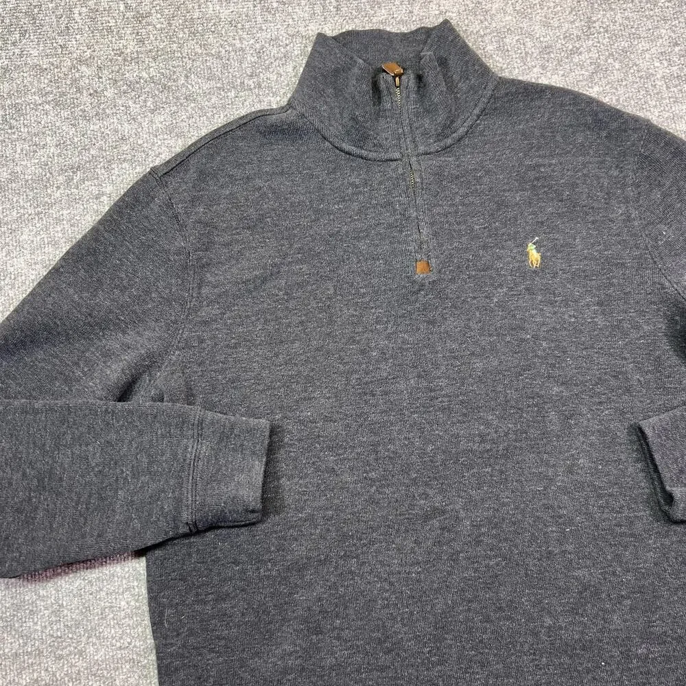 Polo Ralph Lauren Sweater Mens Large Gray Cotton 1/4 Zip Mock Neck Pullover Logo